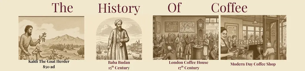 Historical timeline of coffee featuring Kaldi the Goat Herder, Baba Budan, a 17th-century London coffee house, and a modern day coffee shop.