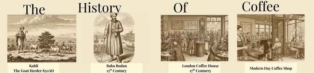 Historical timeline of coffee featuring Kaldi the Goat Herder, Baba Budan, a 17th-century London coffee house, and a modern day coffee shop.