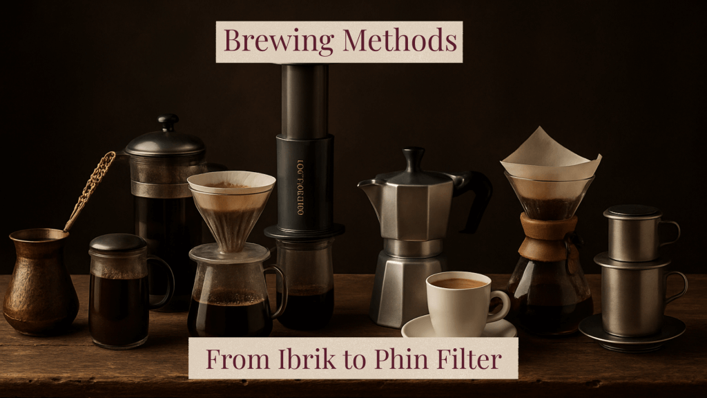 The coffee brewing methods showing from Ibrik9Turkish) to Phin Filter (Vietnamese)