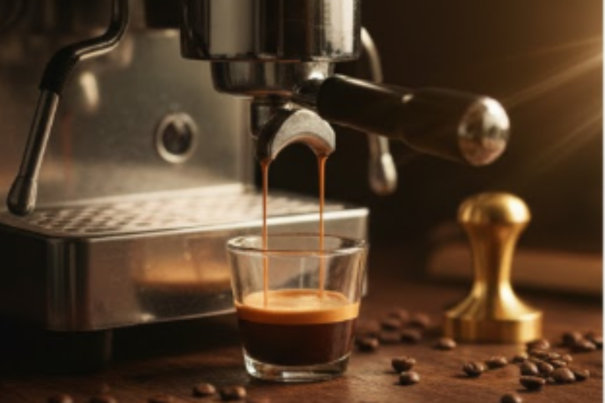 Home A concentrated shot of espresso with a rich golden crema in a glass cup, representing the foundation of The Coffee Guide.