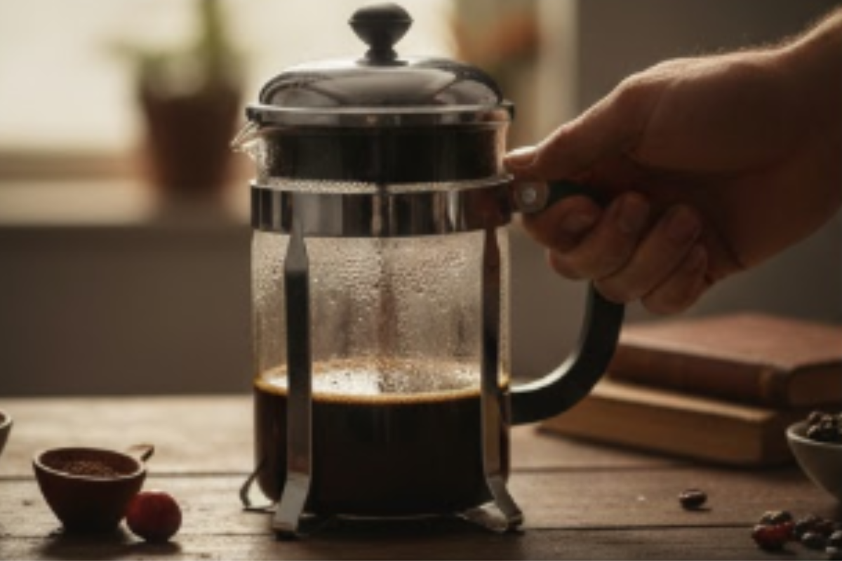 Home A classic stainless steel and glass French Press filled with coarse ground coffee, illustrating the full-immersion brewing method.