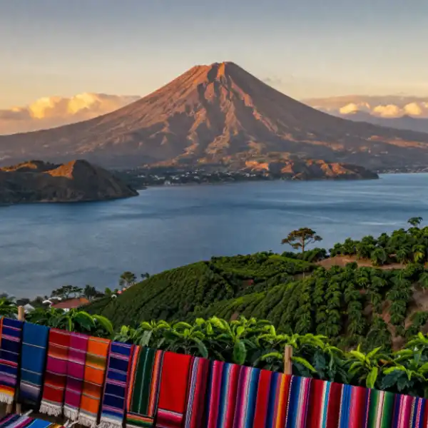  Lake Atitlán, volcanic highlands, coffee plantations, and colourful Mayan textiles.