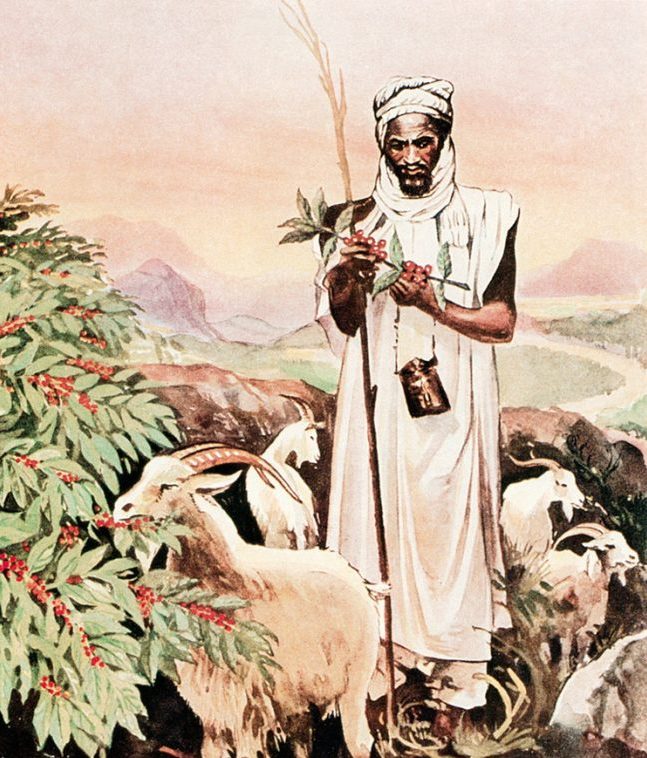 Kaldi the goat herder watching the goats eat the red berries and becoming exuberant