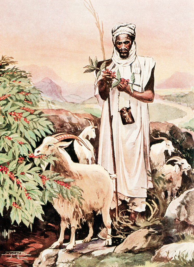 Kaldi the goat herder watching the goats eat the red berries and becoming exuberant