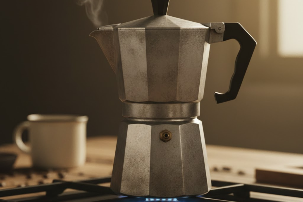 Home A traditional octagonal aluminum Moka Pot on a wooden surface, representing the iconic Italian stovetop espresso-style brew.