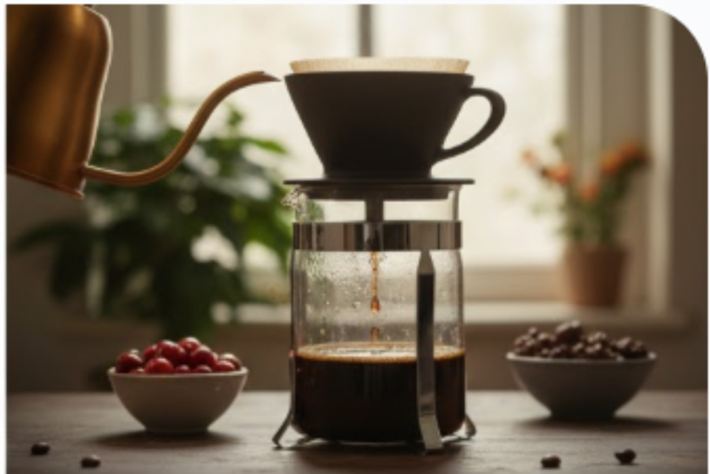 Home Hand pouring water from a gooseneck kettle into a V60 brewer, showcasing the clean filtration method for specialty coffee.