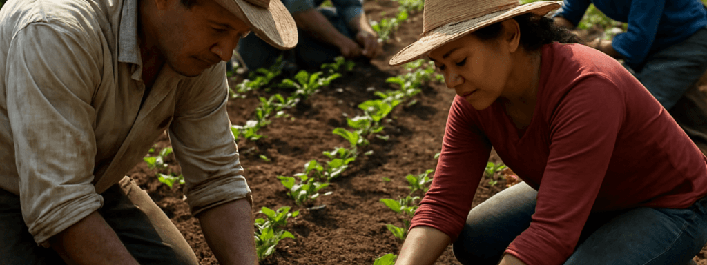 sowing coffee seedlingd by hand on a coffee plantation