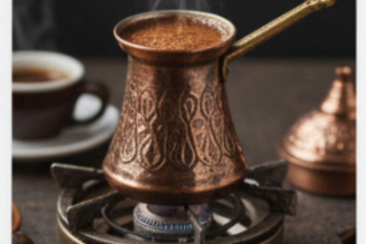 Home A traditional copper Turkish cezve (ibrik) next to a small, ornate porcelain cup, showing the ancient method of brewing finely ground coffee over heat.