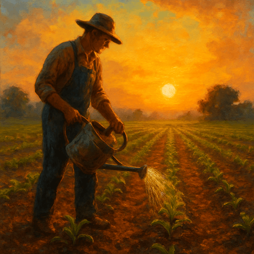 A Farmer hand watering young coffee plants to further their growth at sunrise 