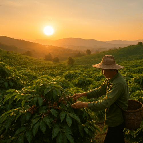 coffee fieds in northern Thailand with a berry picker at sunrise