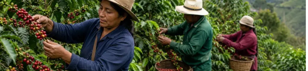 a coffee platation at harvet time cherries being picked by hand to ensure ripeness