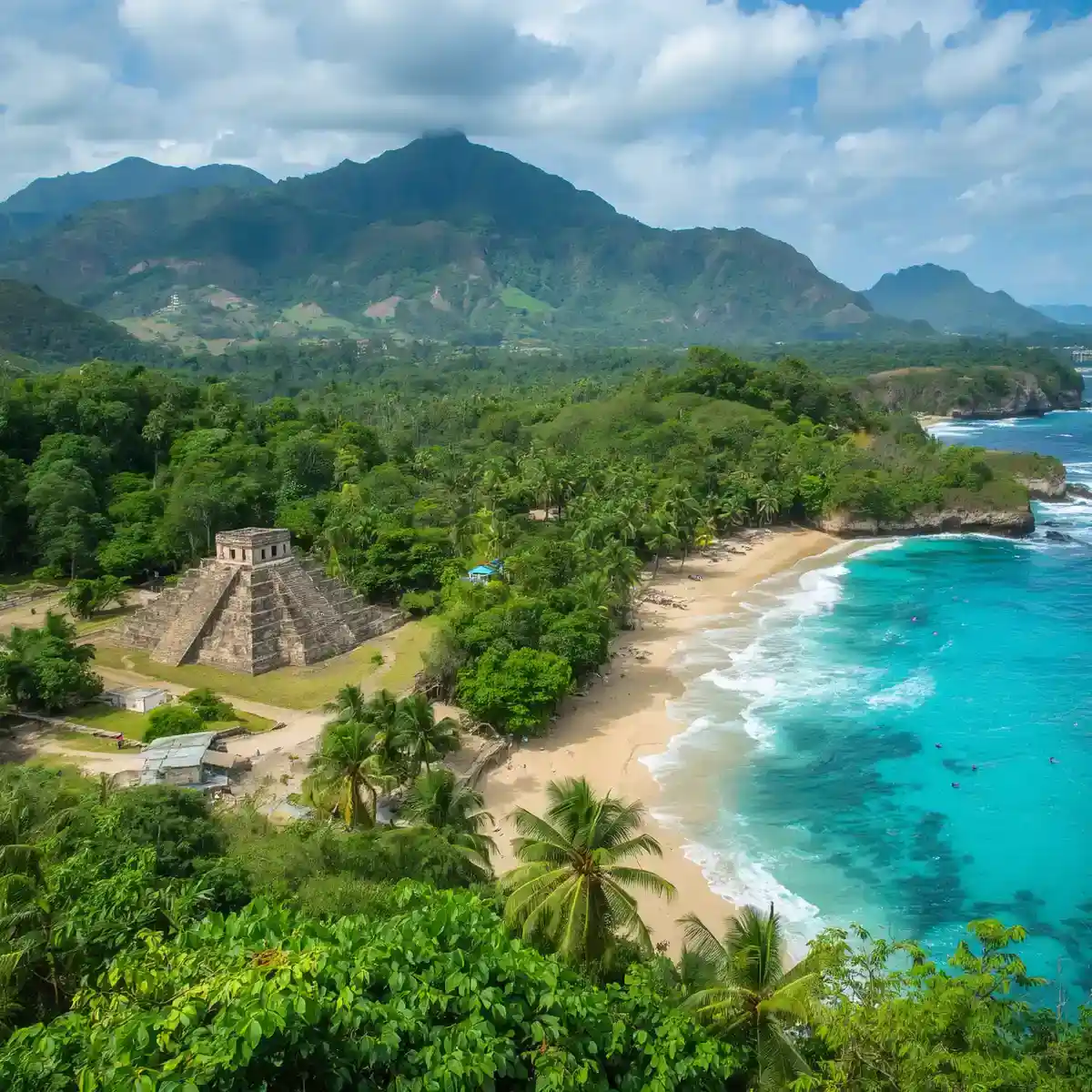Honduras landscape with clear blue sea and sandy beach and the Mayan pyramid