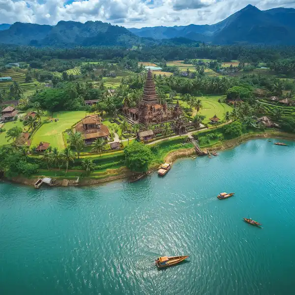 Indonesai showcaseing the iconic terraced rice paddies with their vibrant green layers, traditional Balinese temple architecture, lush tropical vegetation with palm trees, turquoise waters, traditional wooden boats, and dramatic volcanic mountains in the background