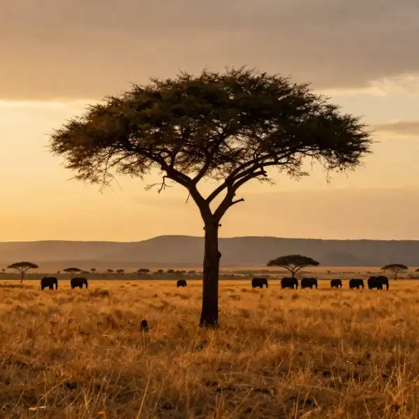 Kenya savanna desert acacia tree, golden grasslands, and elephants at sunset. 