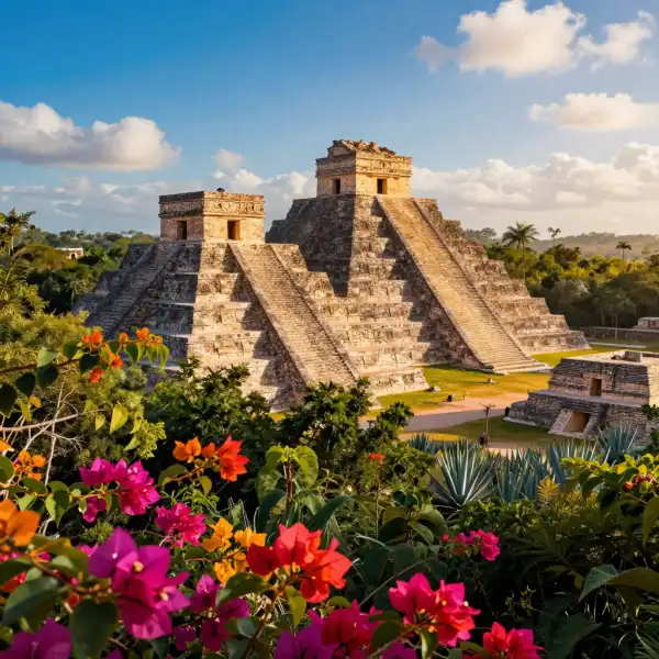 Mayan pyramids, jungle, and agave fields in warm golden light.