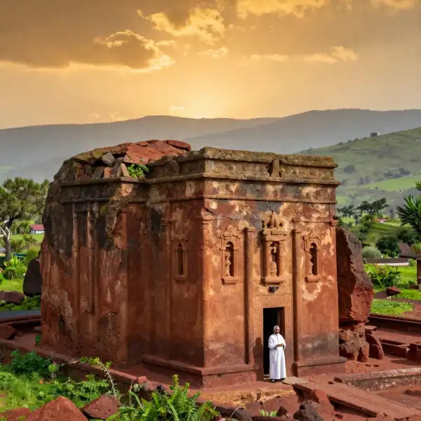  Ethiopia image — a rock-hewn church with lush highlands and golden light