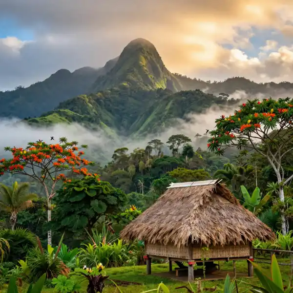 Papua New Guinea e — misty highlands, a traditional thatched hut, and lush tropical greenery