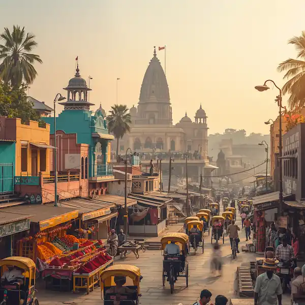 Typical Indian stteet with traditional architecture, bustling markets with rickshaws, temple spires