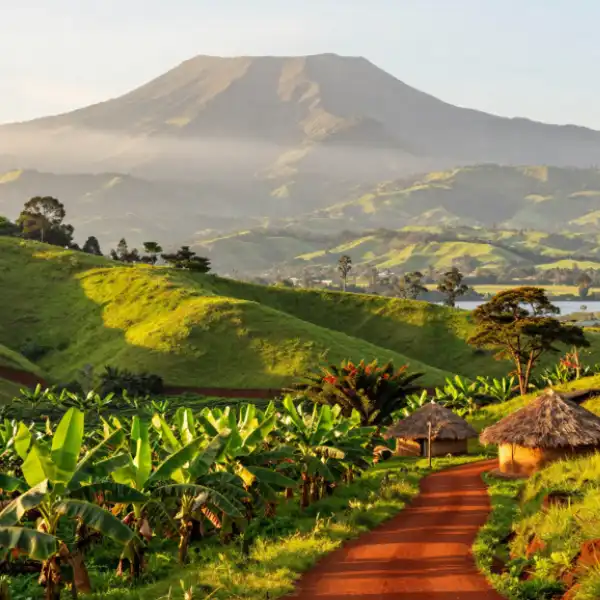 Uganda — lush green hills, banana plantations, thatched huts, and a red dirt path with misty mountains beyond