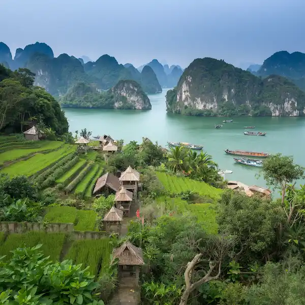 traditional Vietnam. showcaseing the iconic limestone karst mountains rising from emerald waters (reminiscent of Ha Long Bay), vibrant terraced rice paddies in brilliant green, traditional Vietnamese houses with distinctive architecture, and traditional wooden boats on the water.