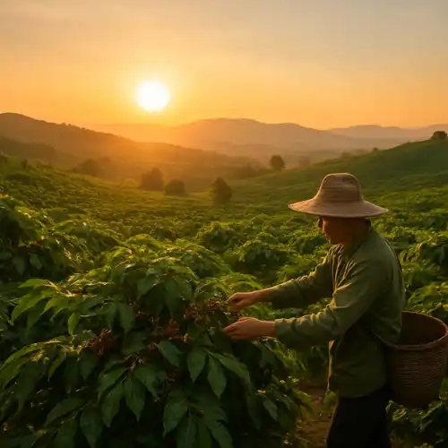 Coffee Picking on a Thailand plantation in the early morning sun.