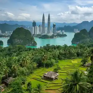 The iconic Petronas Twin Towers rising in the distance, surrounded by Malaysia's stunning natural beauty - lush tropical rainforest, dramatic limestone karst formations, vibrant green rice paddies, and traditional houses.