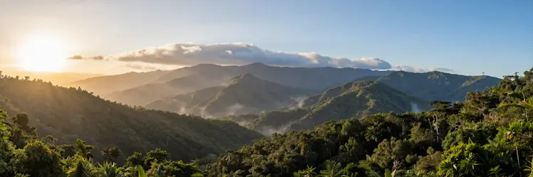 The blue mountain range in Jamaica   with lush green slopes, misty valleys, layered blue peaks, and soft sunrise haze