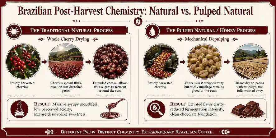 Technical infographic chart comparing the traditional natural process and pulped natural honey process methods of Brazilian coffee
