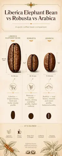 a comparison infographic for Liberica, Robusta, and Arabica beans with a botanical editorial style, side-by-side bean illustrations, and labeled comparison callouts.