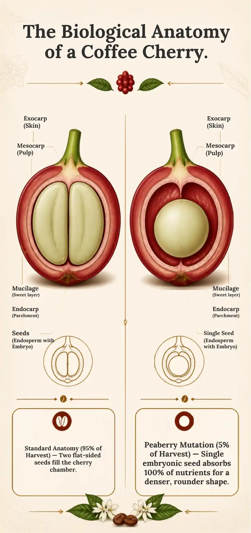 Infographic diagram comparing a standard two seed coffee cherry anatomy to a single round peaberry mutation at The Coffee Guide