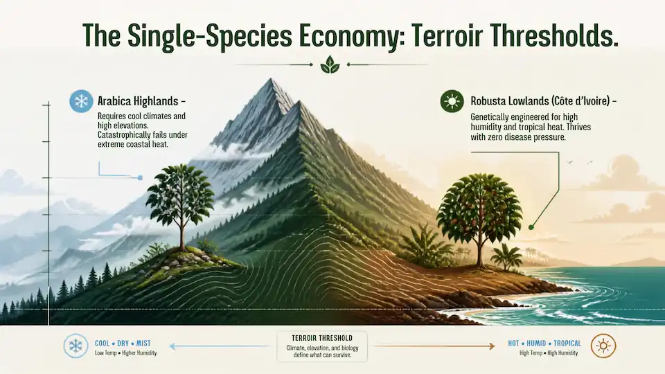 Technical infographic chart comparing highland Arabica cultivation boundaries to lowland Robusta terroir thresholds at The Coffee Guide