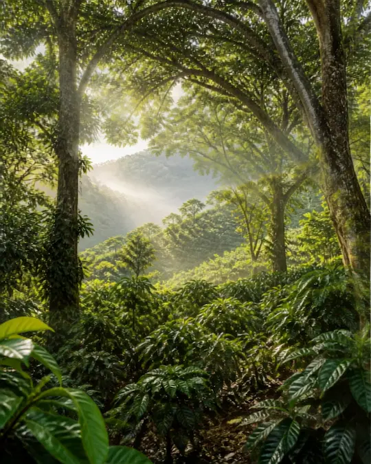 tall overarching shade trees sheltering smaller coffee plants in a lush plantation