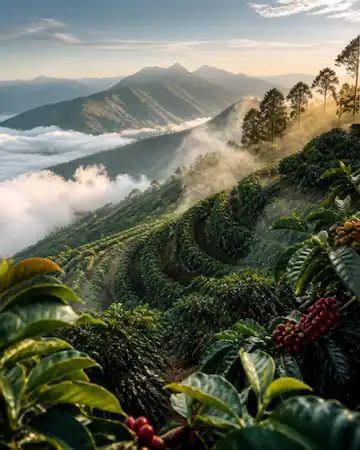 a high-altitude coffee plantation around 2000 meters above sea level.