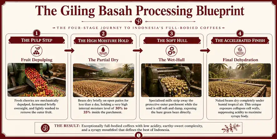 Technical infographic flowchart mapping the four stages of the Indonesian coffee Giling Basah wet hulled processing method