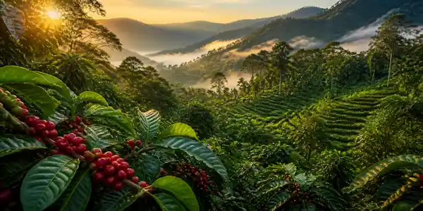 Papua New Guinea’s coffee gardens with lush tropical hills, red coffee cherries, and misty highland light.