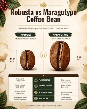 A comparison between a Robusta coffee bean and a Margogupe coffee bean