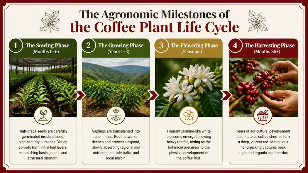 Technical infographic timeline flowchart with a Deep Cherry Red border mapping the agronomic life cycle of the coffee plant from nursery sowing to harvesting