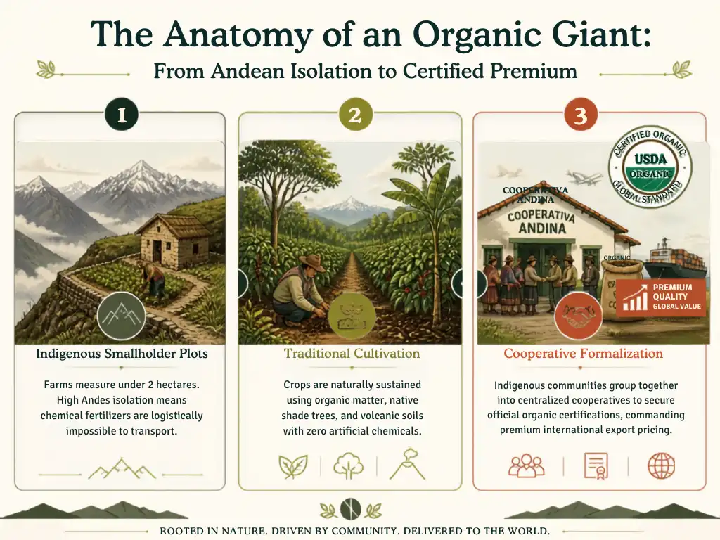 Technical infographic diagram detailing the geographic isolation and organic farming methods of smallholder cooperatives of Peru Coffee