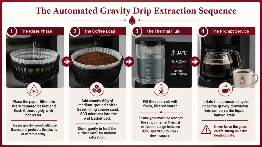 Technical infographic timeline flowchart with a Deep Cherry Red border mapping the four steps of brewing drip filter coffee using an automated batch machine