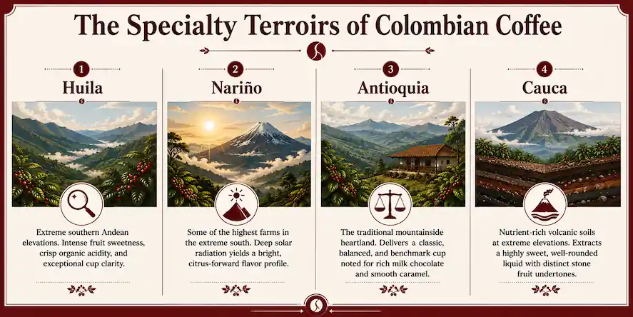 Technical infographic chart mapping the processing profiles, elevations, and flavour characteristics of Huila, Narino, Antioquia, and Cauca of Colombian coffee