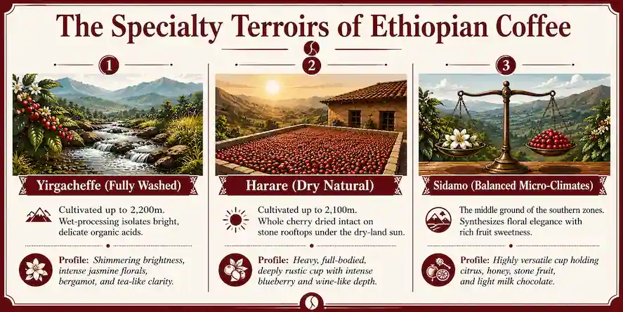 Technical infographic chart mapping the processing methods, elevation limits, and flavor profiles of Yirgacheffe, Harare, and Sidamo coffee in Ethiopia
