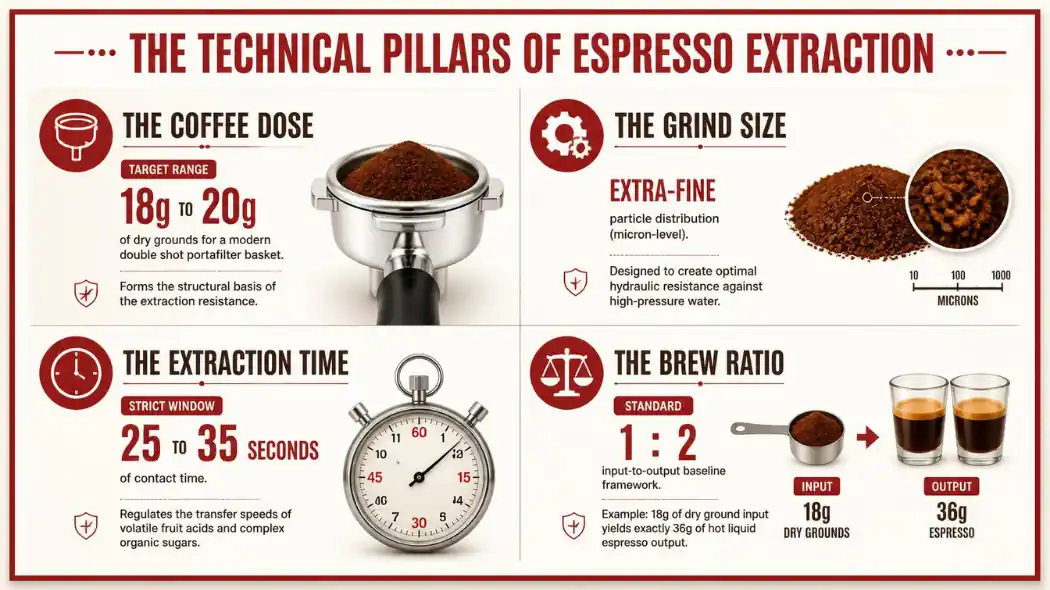 Technical infographic quadrant diagram with a Deep Cherry Red border detailing the dose weight, grind size, extraction time, and 1:2 brew ratio of the espresso brewing method