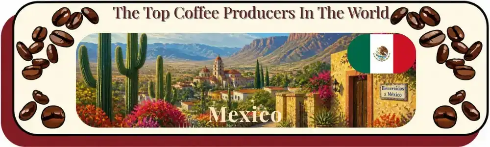 Mexico landscape with agave fields and the Sierra Madre mountains, and the national flag