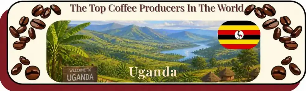 Top Coffee Producing countries - Uganda showing landscape with lush green hills and coffee plantations.