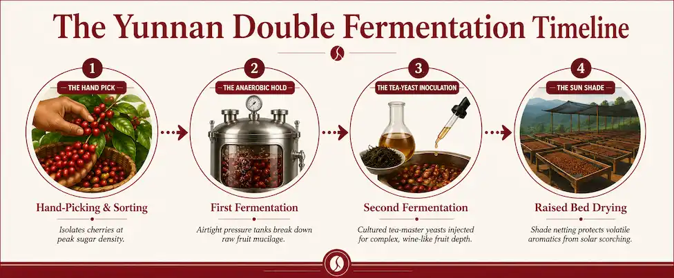 Technical infographic flowchart mapping the four stages of the Yunnan Coffee double fermentation coffee processing method at The Coffee Guide