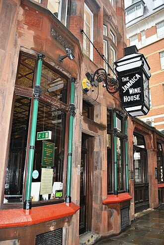 he Jamaica Wine House, known locally as "the Jampot", is located in St Michael's Alley, Cornhill, in the heart of London's financial district. It was the first coffee house in London and was visited by the English diarist Samuel Pepys in 1660.