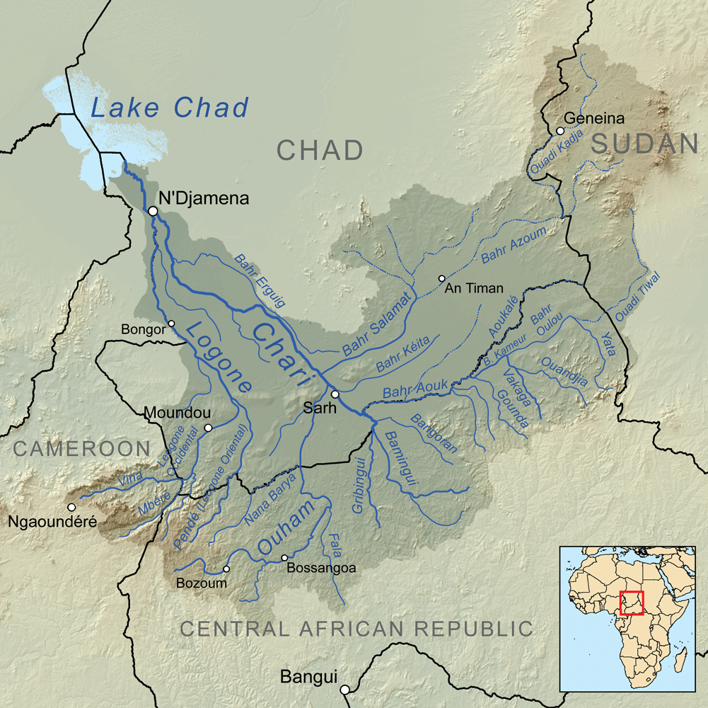 freshwater lake located at the junction of four countries: Nigeria, Niger, Chad, and Cameroon in western and central Africa