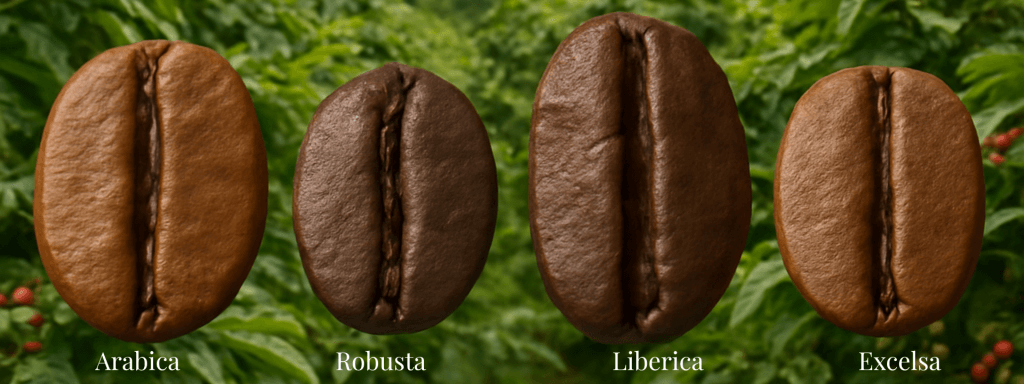 the four coffee bean varieties, Arabica, Robusta, Liberica, and Excelsa sitting on the background of a coffee platation