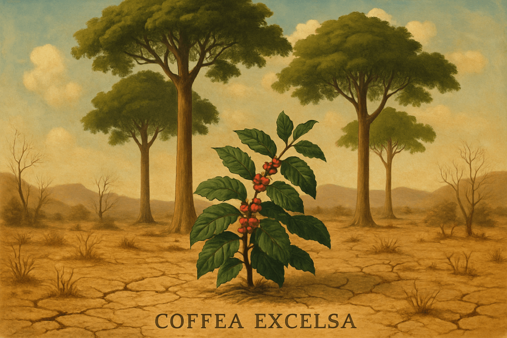 The coffee bean Exelsa growing in arid conditions under the canopy of talltrees