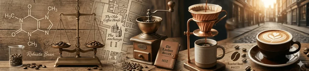 A panoramic banner for The Coffee Guide, showing the science, history, and health benefits of caffeine in a London café setting.